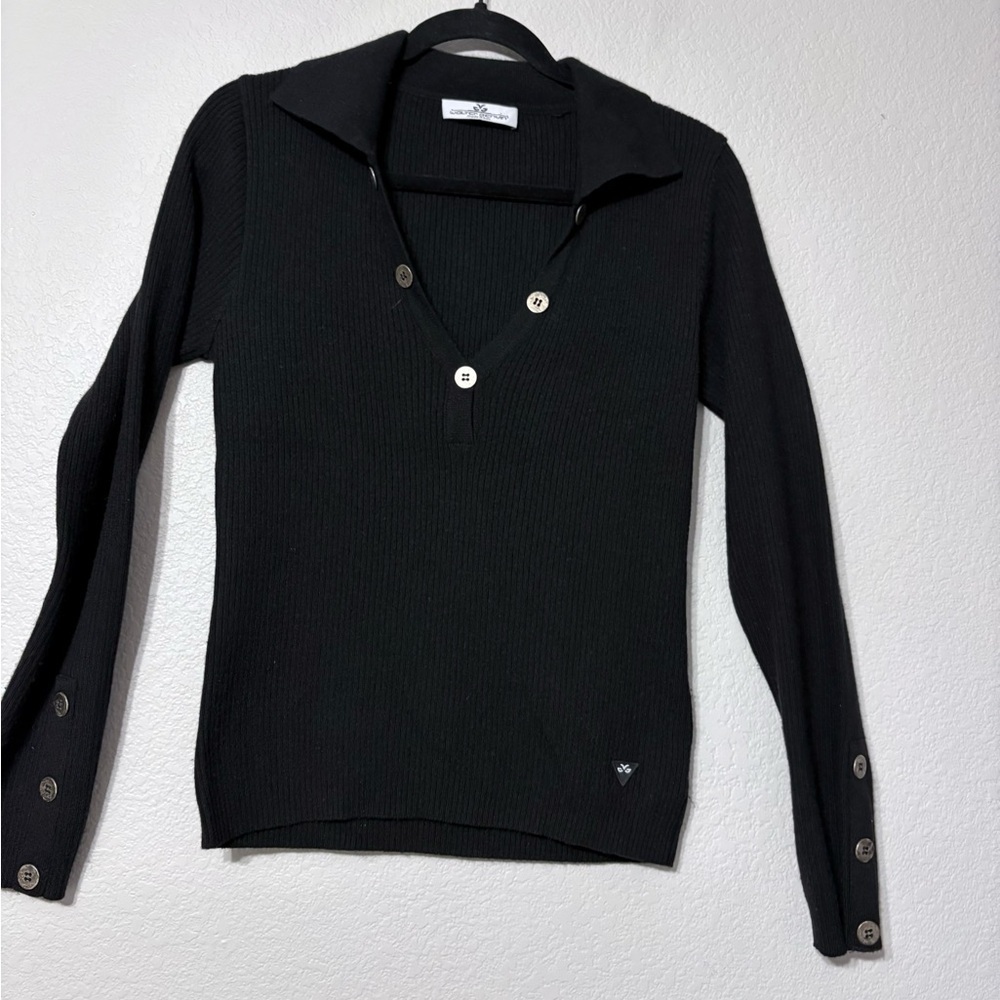 Woman’s Walter Genuin Black Cashmere Wool Blend Polo Style Sweater Metal Buttons
